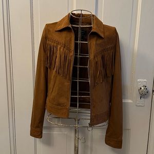 Forever 21 Cognac Fringe Jacket w Gold O-Ring Zipper. Size S.